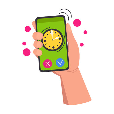 Illustration of a hand holding a phone with a clock and a ringing alarm clock. vector graphic.のイラスト素材