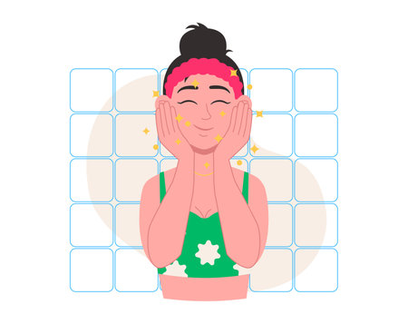 skincare. Woman is satisfied with the condition of her skin after skin care. vector graphic.のイラスト素材