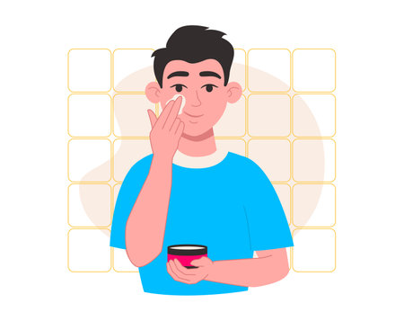 skincare. Man applies face cream. vector graphic.のイラスト素材