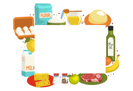 Rectangular frame from various food ingredients. Cooking. vector graphic.のイラスト素材