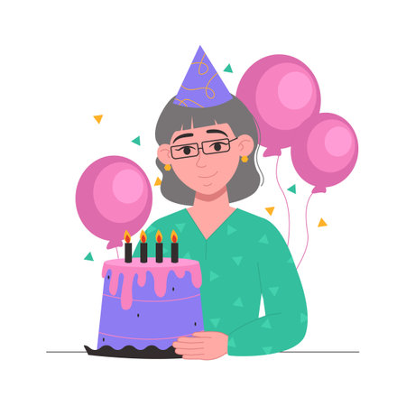 person with cake. Old woman in a festive cap blows out the candles on the cake. vector graphic.のイラスト素材