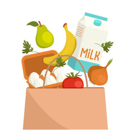 Various products fly out of the paper bag. vector graphic.のイラスト素材