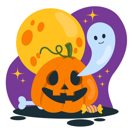 Set of Halloween illustrations. Pumpkin with a carved face, candy, bone, ghost. Background with big moon and stars. Vector graphic.のイラスト素材