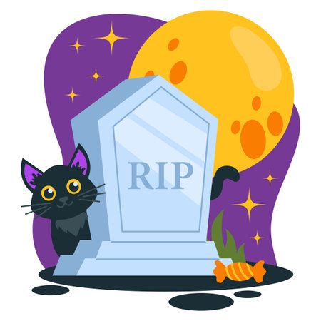Set of Halloween illustrations. Tombstone, grave, candy, black cat. Background with big moon and stars. Vector graphic.のイラスト素材