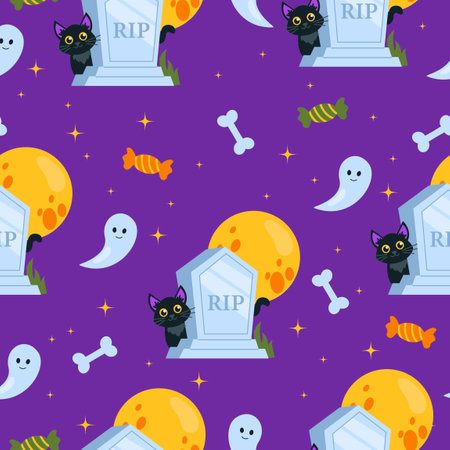 Seamless pattern. Happy Halloween! Black cat, candy, grave, gravestone, bone, ghost, full moon and stars. Vector graphic.のイラスト素材