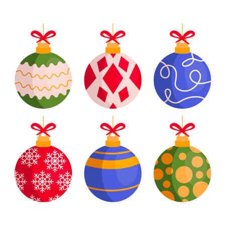 Set of Christmas tree toys balls. With little bows. Vector graphic.のイラスト素材