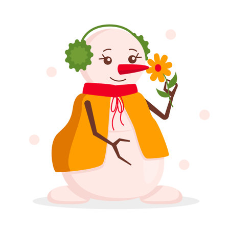 Cute snow woman in warm clothes and fur headphones smells a flower. Snowing. Vector graphic.のイラスト素材