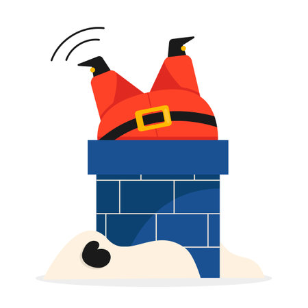 Cartoon Santa Claus walks around stuck in the chimney. Merry Christmas. Vector graphic.のイラスト素材