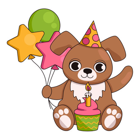 Cute dog in a festive cap with a cupcake and a burning candle and balloons. Happy birthday. Vector graphic.のイラスト素材