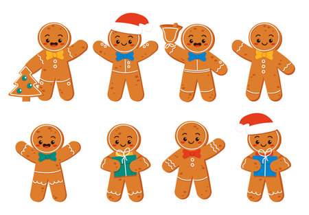 Set of different funny gingerbread men. Crunchy, fun, funny and cute. Vector graphic.のイラスト素材
