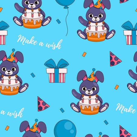 Seamless holiday pattern. Birthday. Cute hare in a festive hat with a cake, gifts and balloons. Vector graphic.のイラスト素材