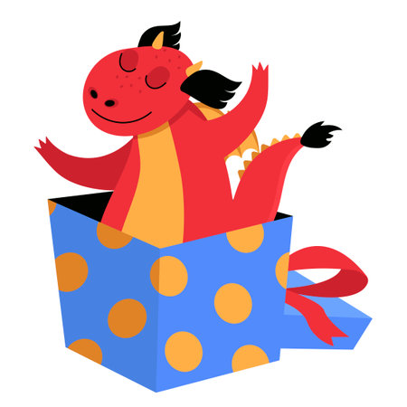 Funny dragon stands in a large gift box. Congratulations. Vector graphic.のイラスト素材