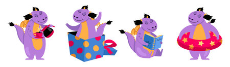 Set of illustrations with a funny dragon. He pours coffee, looks out of a gift box, reads a book and holds an inflatable swimming ring. Vector graphic.のイラスト素材