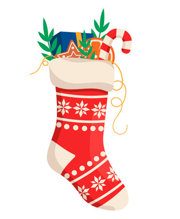 Christmas stocking with long-awaited gifts. Gift socks. Vector graphic.のイラスト素材