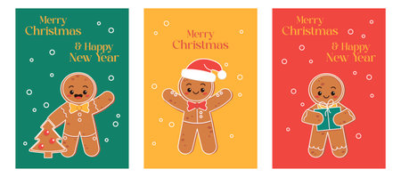 Christmas card set. With illustrations of a gingerbread man. Merry Christmas. Vector graphic.のイラスト素材