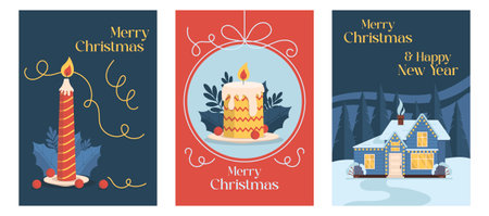 Christmas card set. With illustrations of a winter house and burning Christmas candles. Merry Christmas. Vector graphic.のイラスト素材