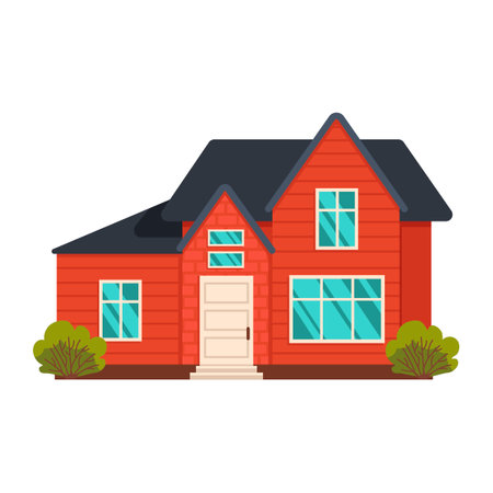 Residential building with green bushes. Summer or spring season. Vector graphic.のイラスト素材