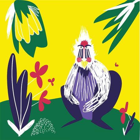 Baboon on yellow background with fruits, flowers, and butterfly. Exotic, tropical nature.のイラスト素材