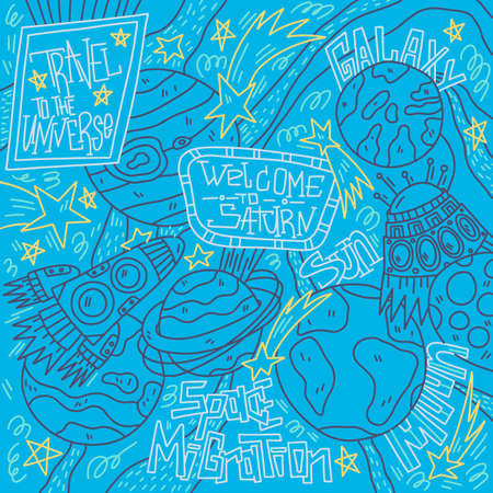 Cartoon solar sistem with space elements. Rockets, stars, planets on blue background. Doodle style vector illustration. Future concept travel to the universe. Great fot banners, t-shirt, poster, cardのイラスト素材