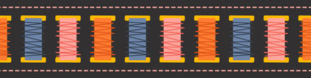 Seamless border with thread and stitches vector illustration. Design for scrapbooking, sewing tape,...