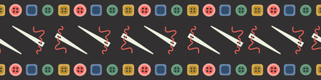 Buttons and needles seamless vector border. Flat illustration for scotch tape, sewing tape, clothes...