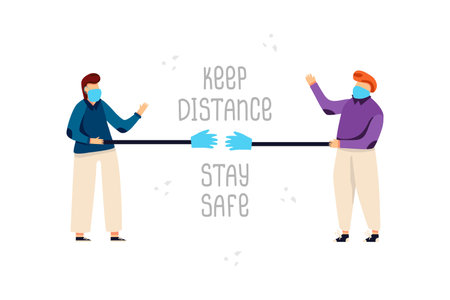 Friends in face masks greet with help hand sticks. Keep distance stay safe quotes lettering. Vector flat illustration. People social distancing, quarantine, preventive measure concepts. Banner, posterのイラスト素材