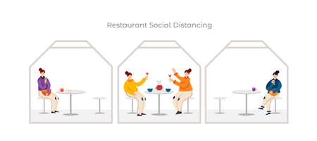 Social distancing in restaurant flat vector illustration. People in separate booths. Safe cafe access and keep distance concept. Women with vine and coffee. For banner and postersのイラスト素材