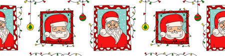 Seamless border with Santa Clauses portrets and Christmas decoration. Funny winter holiday nikolaus characters doodle vector illustration. Good for packing tape, xmas banners, wrapping paperのイラスト素材