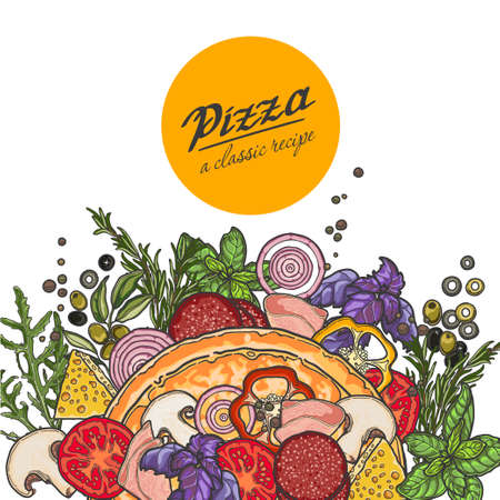 Pizza and ingredients on white background, cheese, vegetables, meat, recipe.のイラスト素材