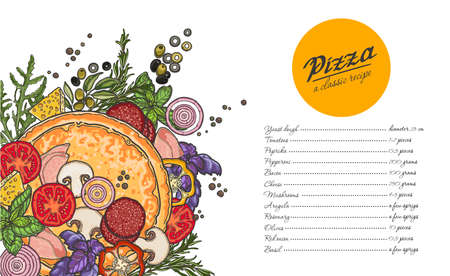 Pizza and ingredients on white background, cheese, vegetables, meat, recipe, the list of ingredients.のイラスト素材