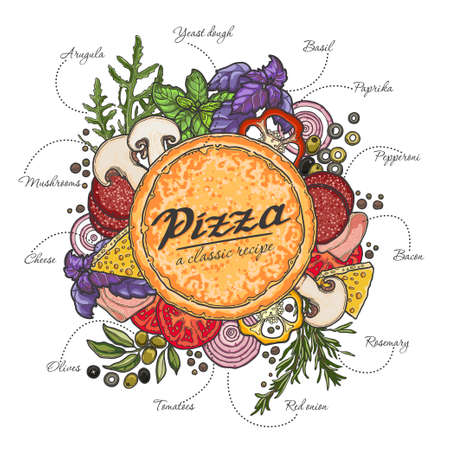 Pizza and ingredients on white background, cheese, vegetables, meat, recipe.のイラスト素材