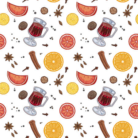 Pattern, mulled wine in the glass and components on a white background, spices and citrus.のイラスト素材