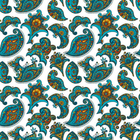 mehndi vector seamless pattern, ethnic paisley buta hindu oriental ornament, turquoise, orange and yellow curl, floral motifのイラスト素材