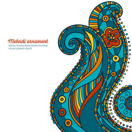 mehndi vector pattern,  ethnic paisley buta hindu oriental ornament, turquoise, orange and yellow curl, floral motifのイラスト素材