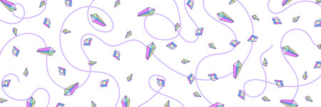 Web banner or header, pattern from crystal rainbow quartz in pastel colors, pink, purple, Indigo and turquoise, glitter gems, reflection holographic colors, delicate cute kids pattern for girls.のイラスト素材