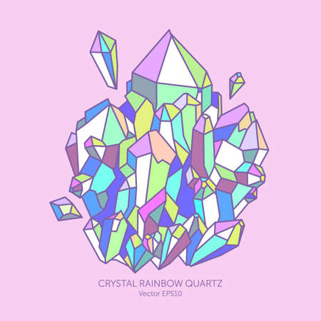 Crystal rainbow quartz in pastel colors, pink, purple, Indigo and turquoise, glitter gems, reflection holographic colors, card jewelry stores, geographic illustration.のイラスト素材