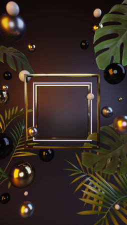 Golden presentation frame with elements of tropical plants, colorful shiny pearls on a black...