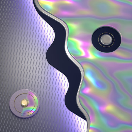 Abstract realistic illustration, 3D render, holographic rainbow texture and concentric circles, metal and glass objects, composition in modern styleの写真素材