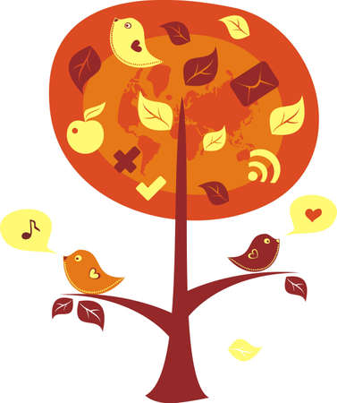 birds on a tree with communication iconsのイラスト素材