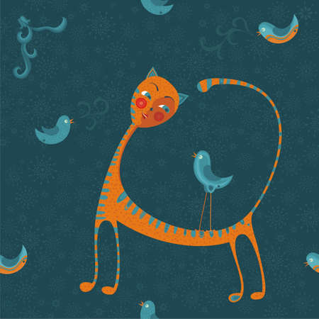 cat with birdsのイラスト素材