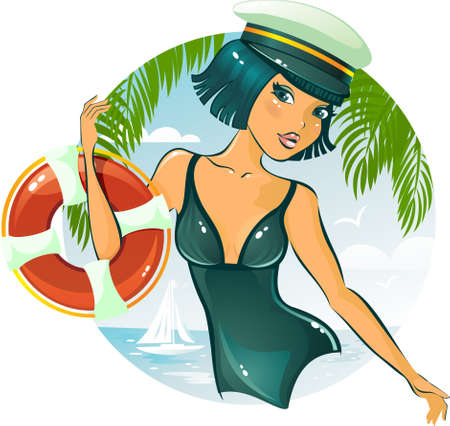 sexy girl with the life belt のイラスト素材