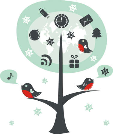 birds on a tree with xmas iconsのイラスト素材