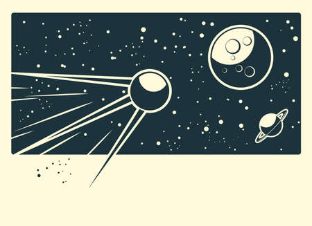 sputnik flying to the moon with banner under のイラスト素材