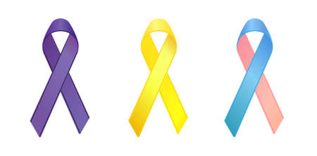 purple,yellow, blue and pink ribbons as symbols of general cancer, bone cancer, infertility awareness のイラスト素材