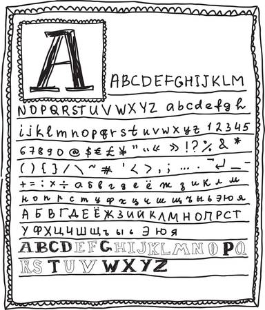 layout of a classic book page in doodle style with ENGLISH and RUSSIAN alphabets and symbols and numbers のイラスト素材
