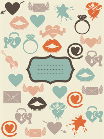 retro love icons with banner のイラスト素材