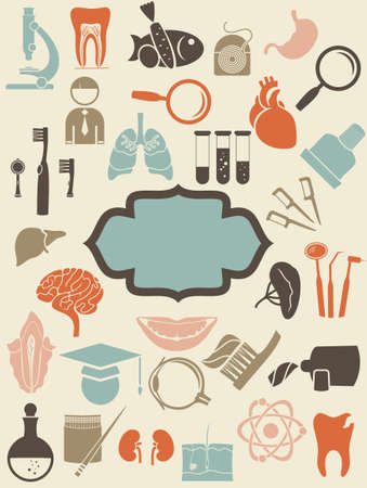 retro medical icons with blank blue banner for your text のイラスト素材