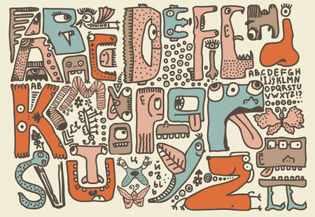 funky monsters doodle retro alphabet in english のイラスト素材