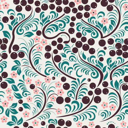 eastern European traditional seamless pattern with berries and flowers in pastel coloursのイラスト素材