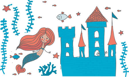 cartoon doodle illustration of a mermaid in corals with fish and an underwater castle isolated on whiteのイラスト素材
